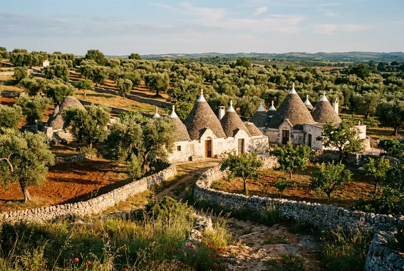 Trulli fra gli ulivi nella Valle d'Itria
